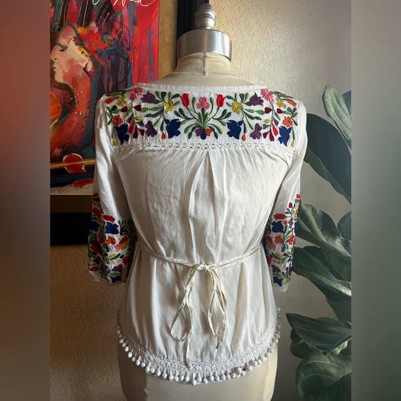 Anthropologie Vanessa Virginia Embroidered Cotton Pom Pom Peasant Top - Sz 2 - Picture 7 of 14
